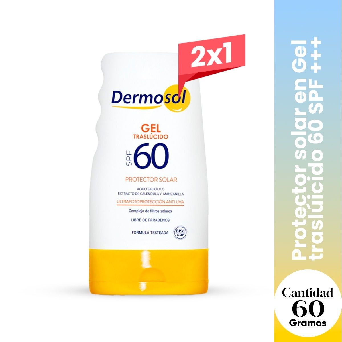 2X1 Dermosol Fotoprotector Solar en Gel 60 SPF – Piel Grasa 60g