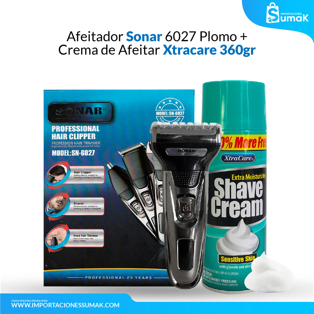 Afeitador Sonar 6027 Plomo + Crema de Afeitar xtracare 360 gr - para piel sensible