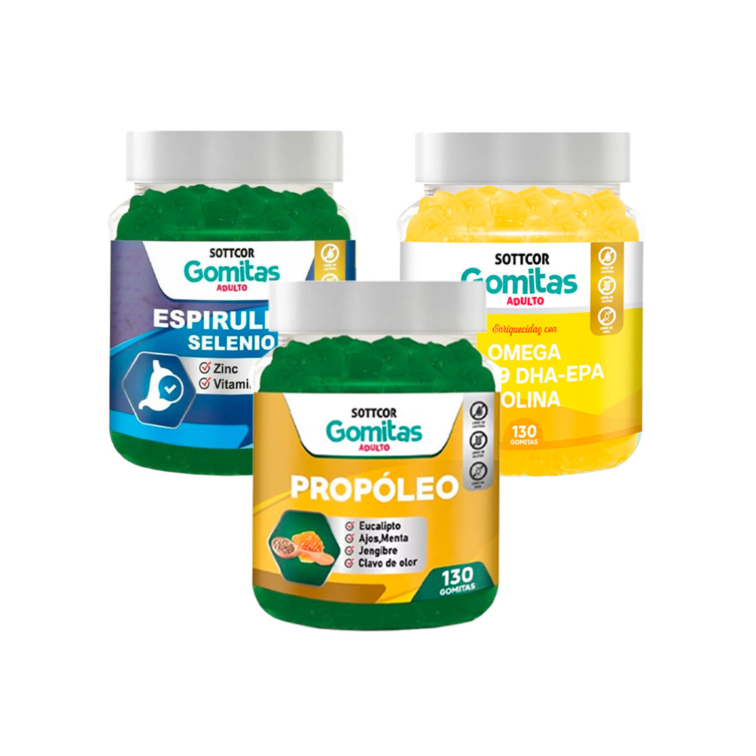Combo Gomitas Propóleos + Espirulina + Omega SOTTCOR ADULTOS + REGALO PASTILLERO