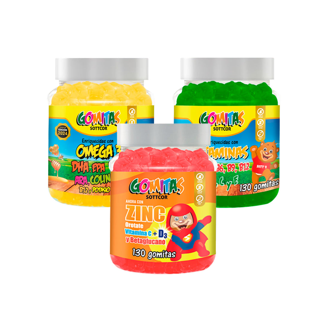 Combo Gomitas Zinc Orotato + Omega + Multivitaminas SOTTCOR NIÑOS + REGALO PASTILLERO