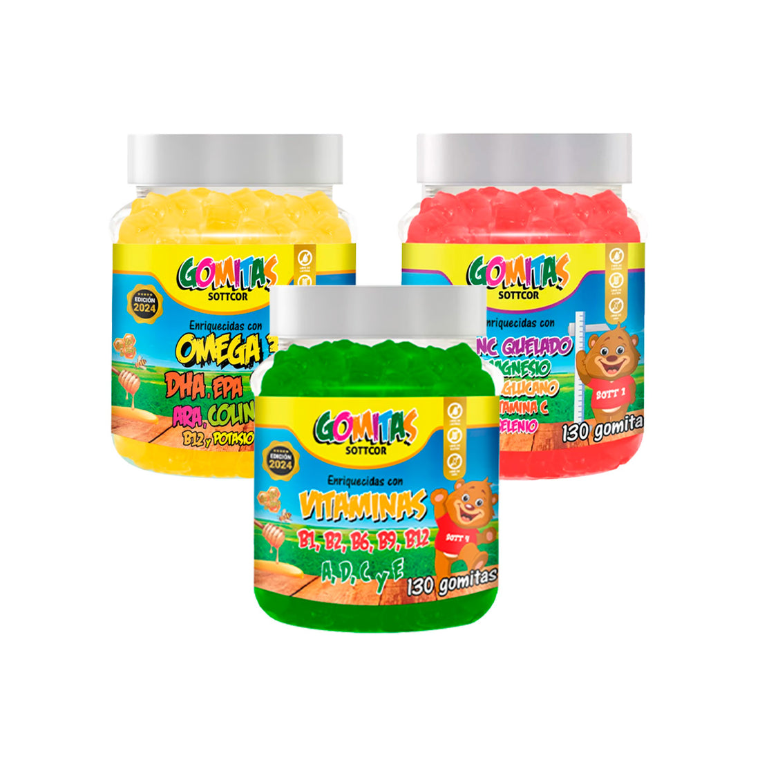 Combo Gomitas Zinc Quelato + Omega + Multivitaminas SOTTCOR NIÑOS + REGALO PASTILLERO