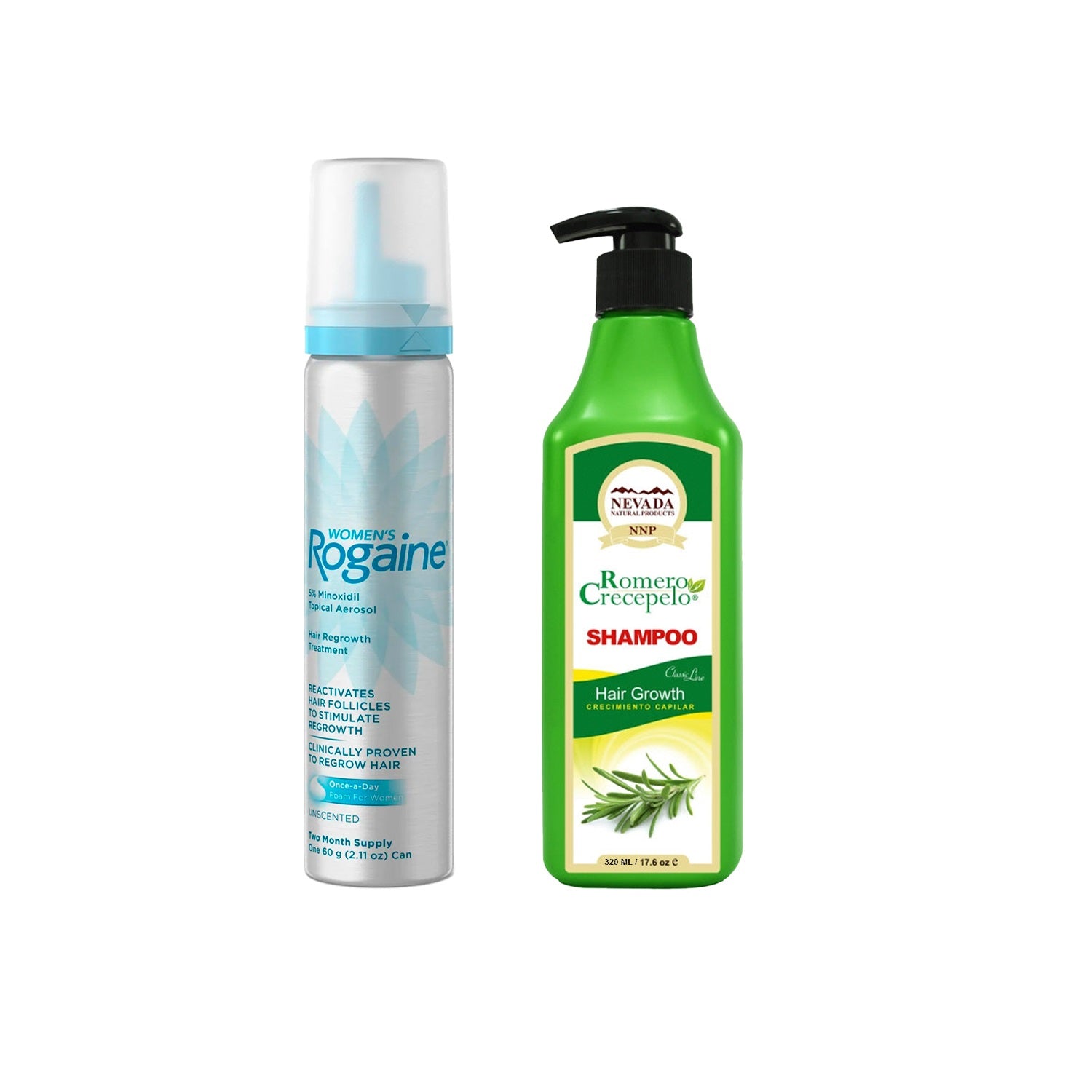 1 Minoxidil ROGAINE® 5 % MUJER + Shampoo Romero Crecepelo 320 ml