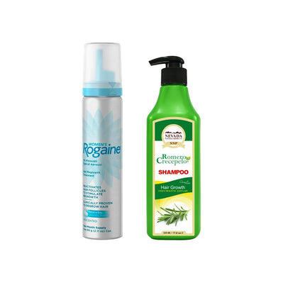 1 Minoxidil ROGAINE® 5 % MUJER + Shampoo Romero Crecepelo 320 ml