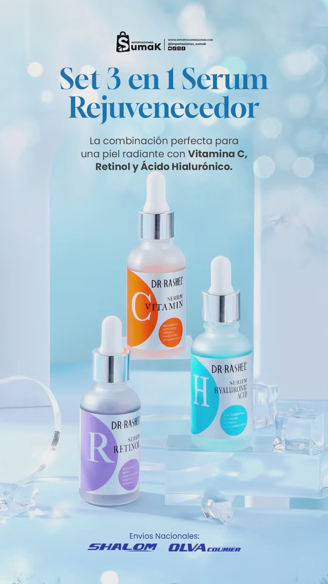 Pack Serum 3 en 1 - Sueros de Vitamina C, Ácido Hialurónico y Retinol - Dr Rashel 30 ml