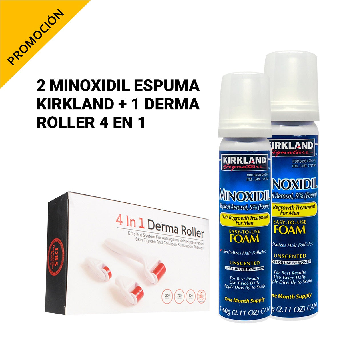 2 Minoxidil Espuma Kirkland + 1 Derma Roller 4 EN 1