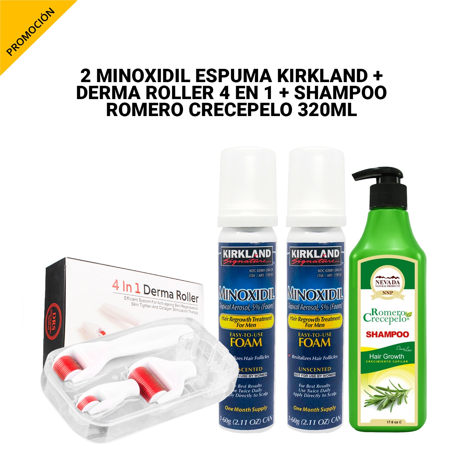 2 Minoxidil Espuma Kirkland + Derma Roller 4 en 1 + Shampoo Romero Crecepelo 320 ml