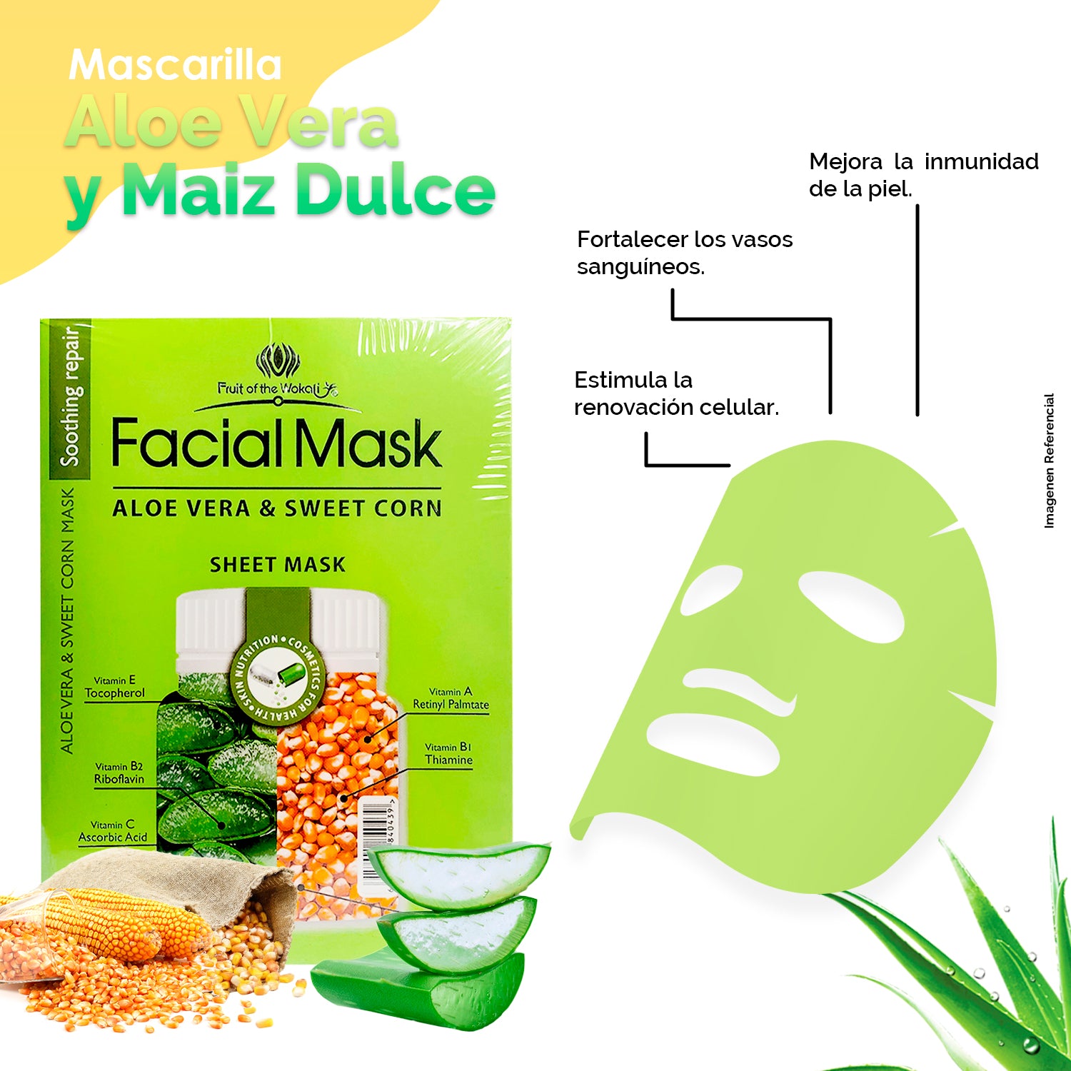 Mascarilla Facial de Aloe Vera y Maiz Dulce 30ml x10 piezas.