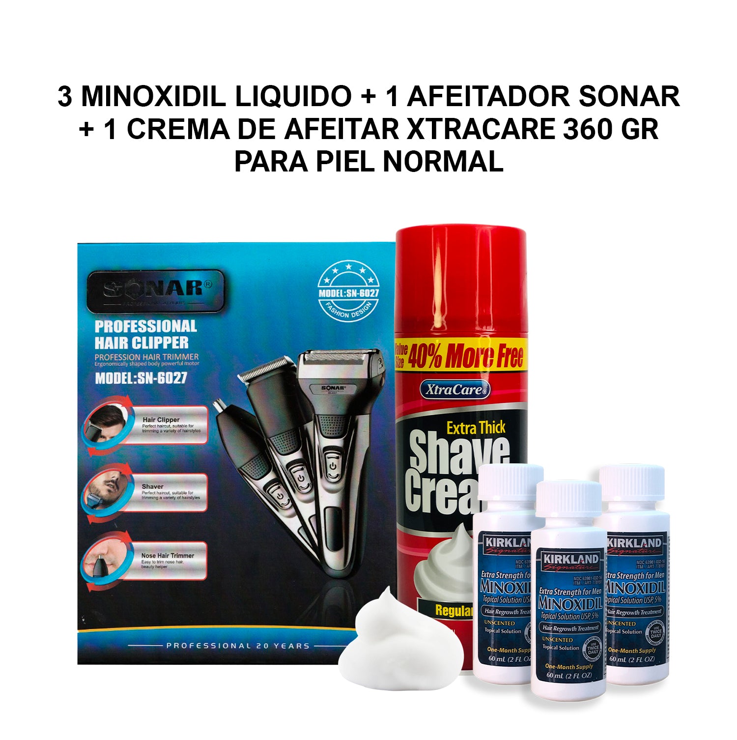 3 Minoxidil Líquido + 1 Afeitador Sonar Plomo + 1 Crema de Afeitar Xtracare 360 gr para piel normal