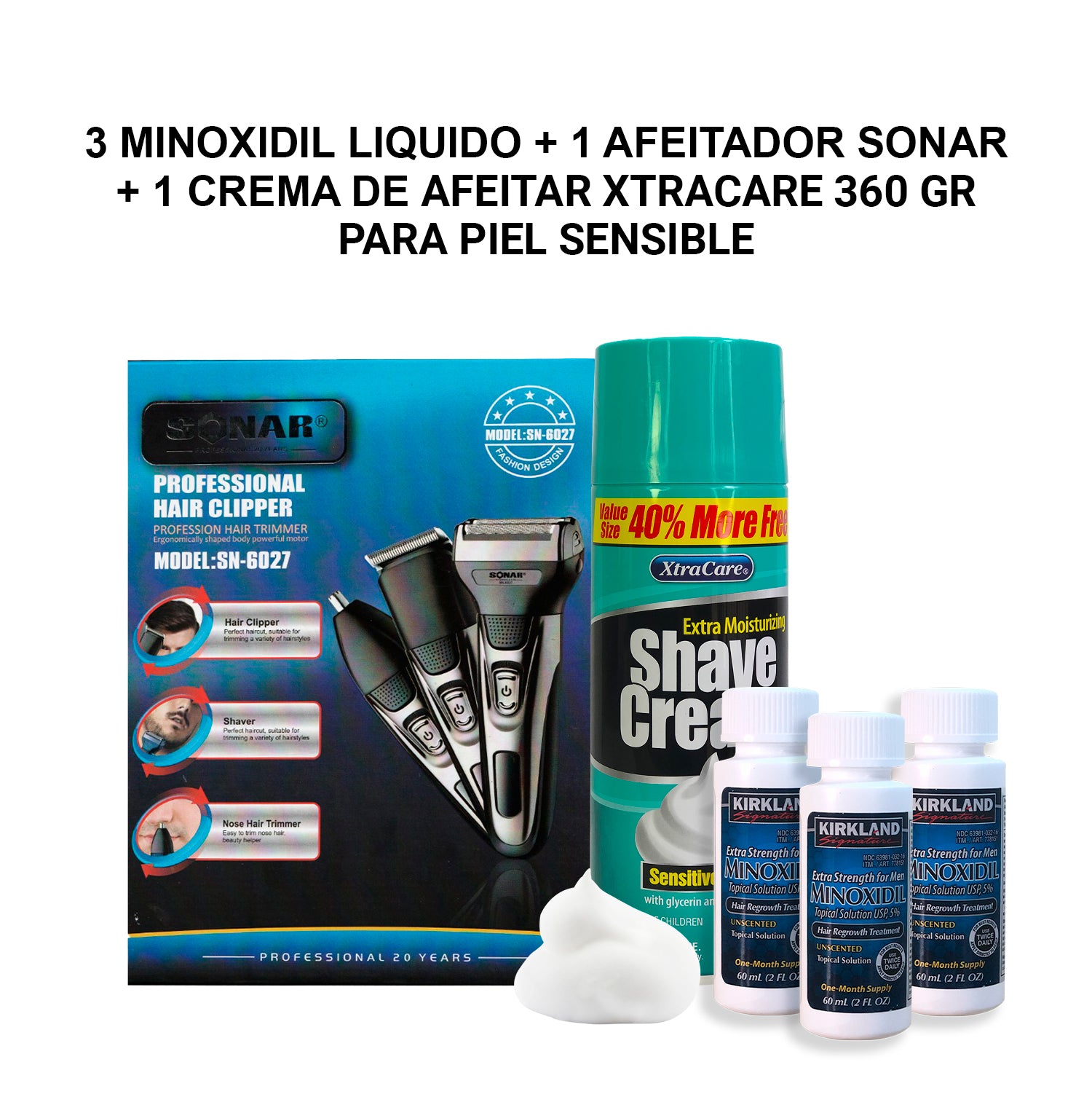 3 Minoxidil Líquido + Afeitador Sonar Azul 3en1 + Crema de Afeitar Xtracare 360 gr para piel sensible